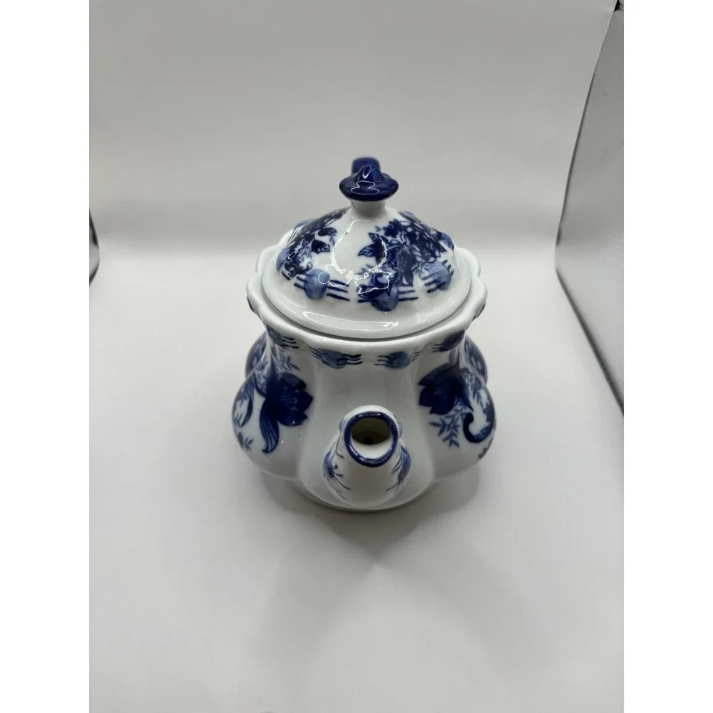 Tea Pot Scalloped Rim Flowered Porcelain, Cobalt Blue And White Cottage Granny